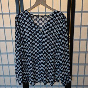 Ann Taylor Poppy Floral Flowy Floral Long Sleeve Black White Pullover Blouse XL